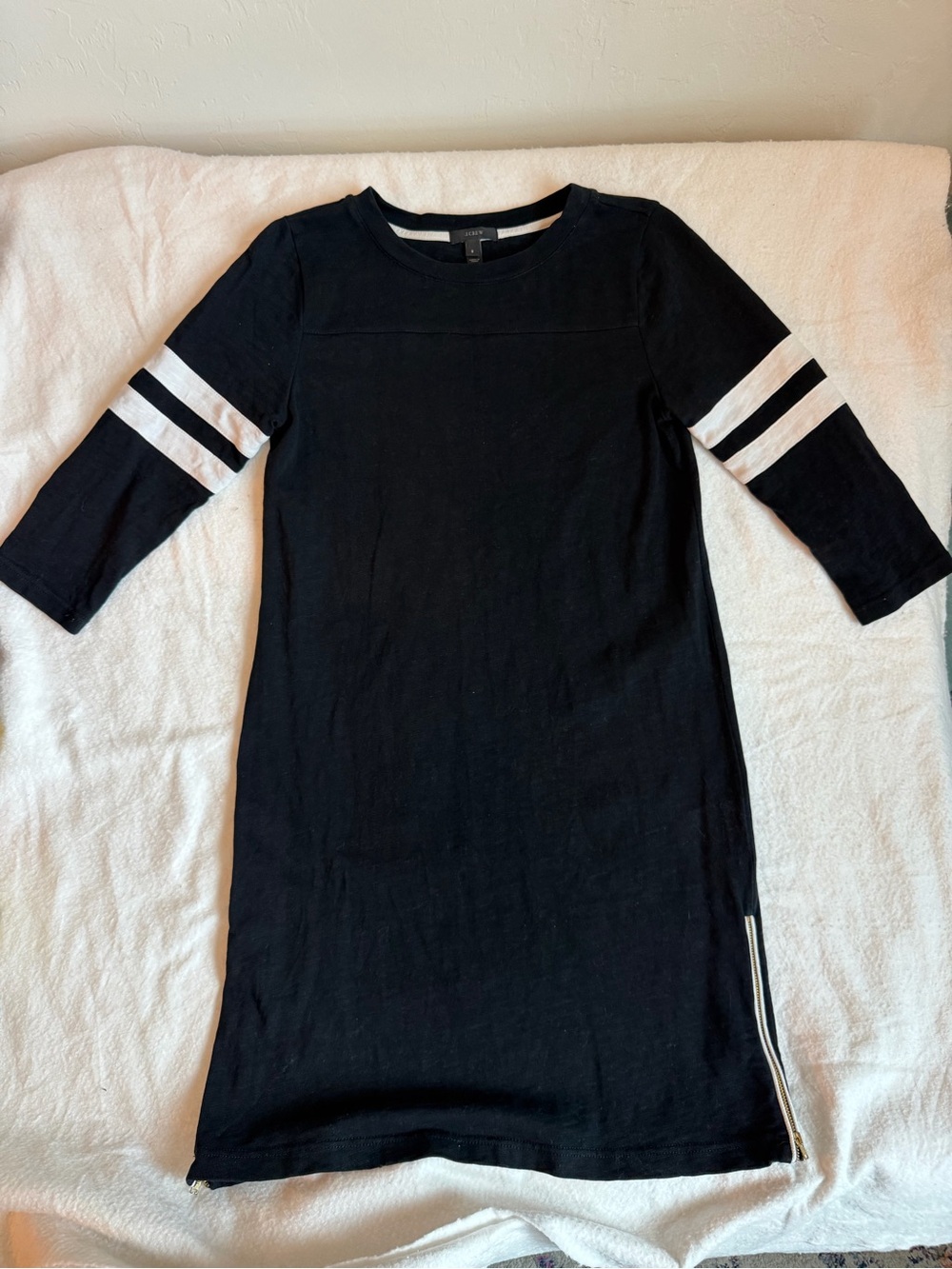 J. Crew Black Midi Dress with White Sleeve Stripes